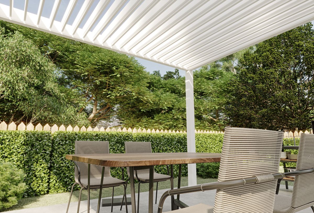 Umbrentic Louvered Aluminum Pergola, Moterized Top Louvered